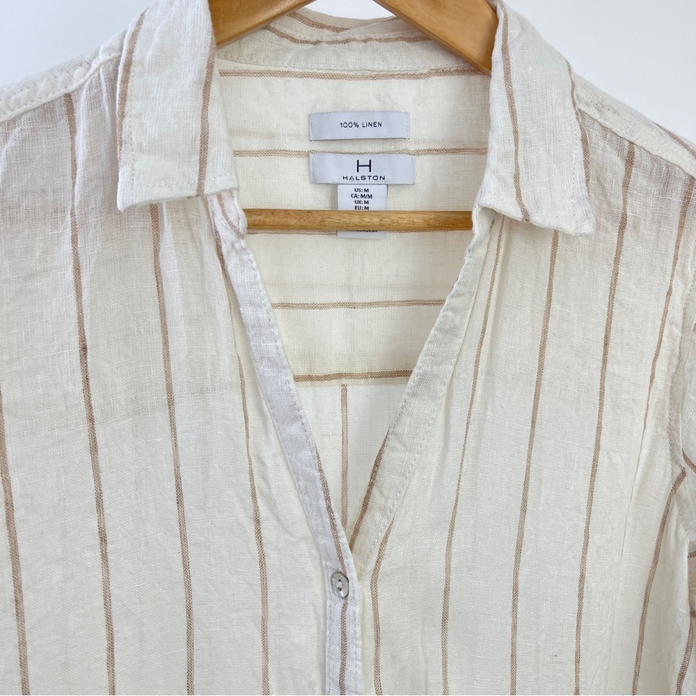 H by Halston Beige Striped Linen Button-Up Shirt Size M - Picture 2 of 5